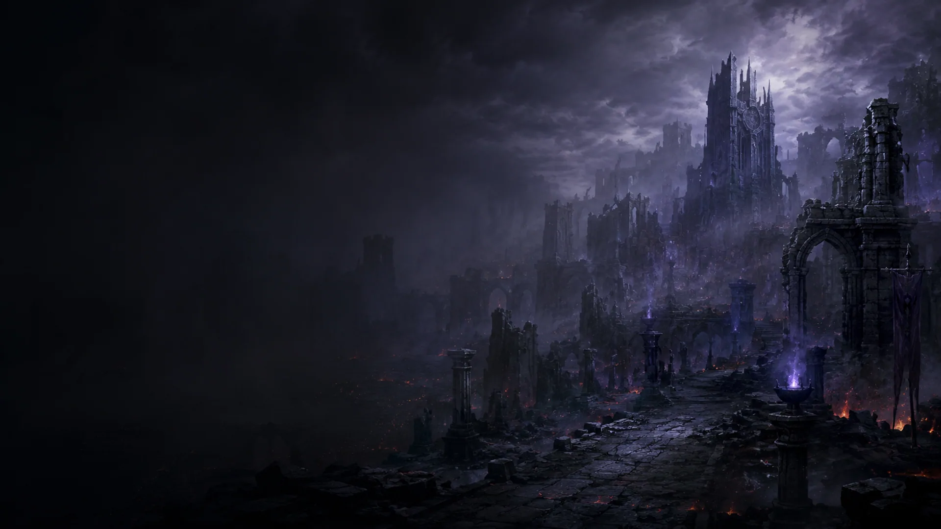 Ashen ruins and cursed city landscape in Umbral Souls Online