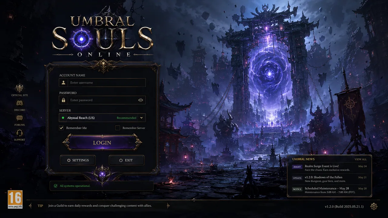 Login screen concept for Umbral Souls Online
